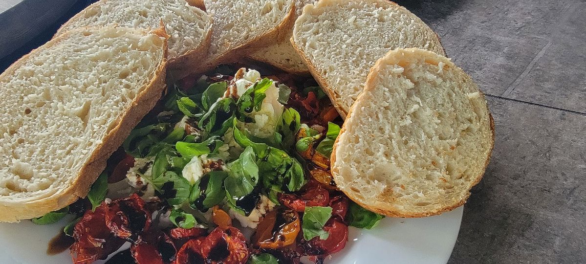 Roasted Cherry Tomatoes with Goat Cheese and Crusty Bread